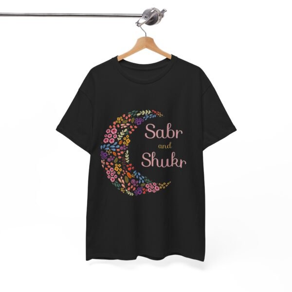 Sabr and Shukr Unisex Heavy Cotton Tee - Floral Crescent Moon Design - Image 4