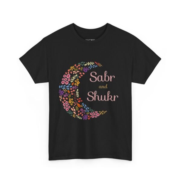 Sabr and Shukr Unisex Heavy Cotton Tee - Floral Crescent Moon Design - Image 2